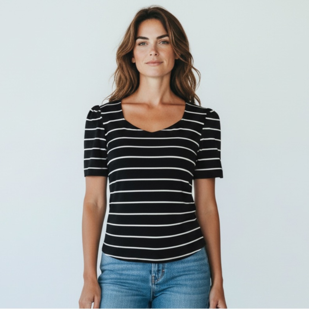 Worthington Petite Black White Striped Sweetheart Neck Puff Sleeve Top PM - Picture 2 of 8